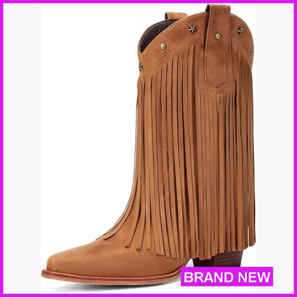 Fringe Cowboy Boots Pointed Toe Chunky Heel Mid Calf Western Boots
